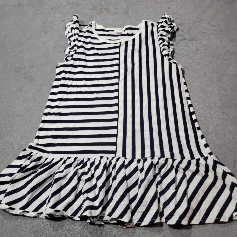 crewcuts Girls Dress 16 Navy Blue White Striped Ruffle Sleeve Drop Waist